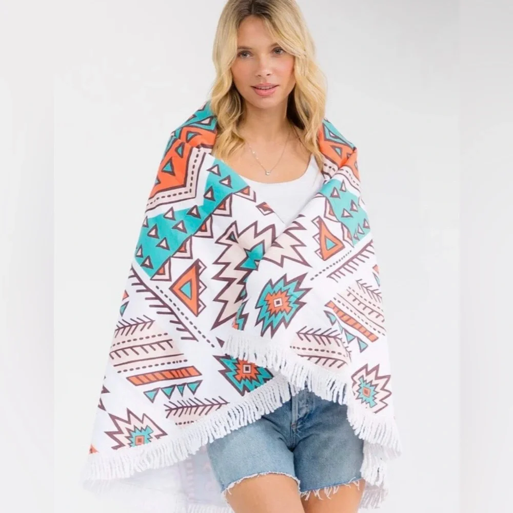 Beach Towel Round with White Fringe  - Aztec Print Festival, Beach or Picnic.